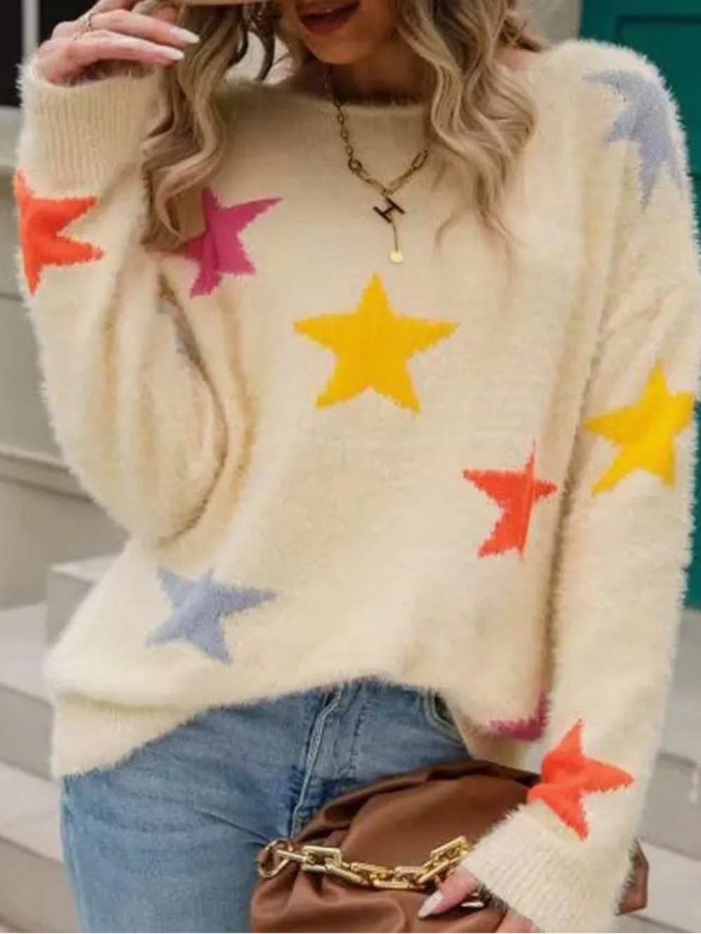 ShopEvelynne Cream Star Pattern Sweater with Multicolor Stars